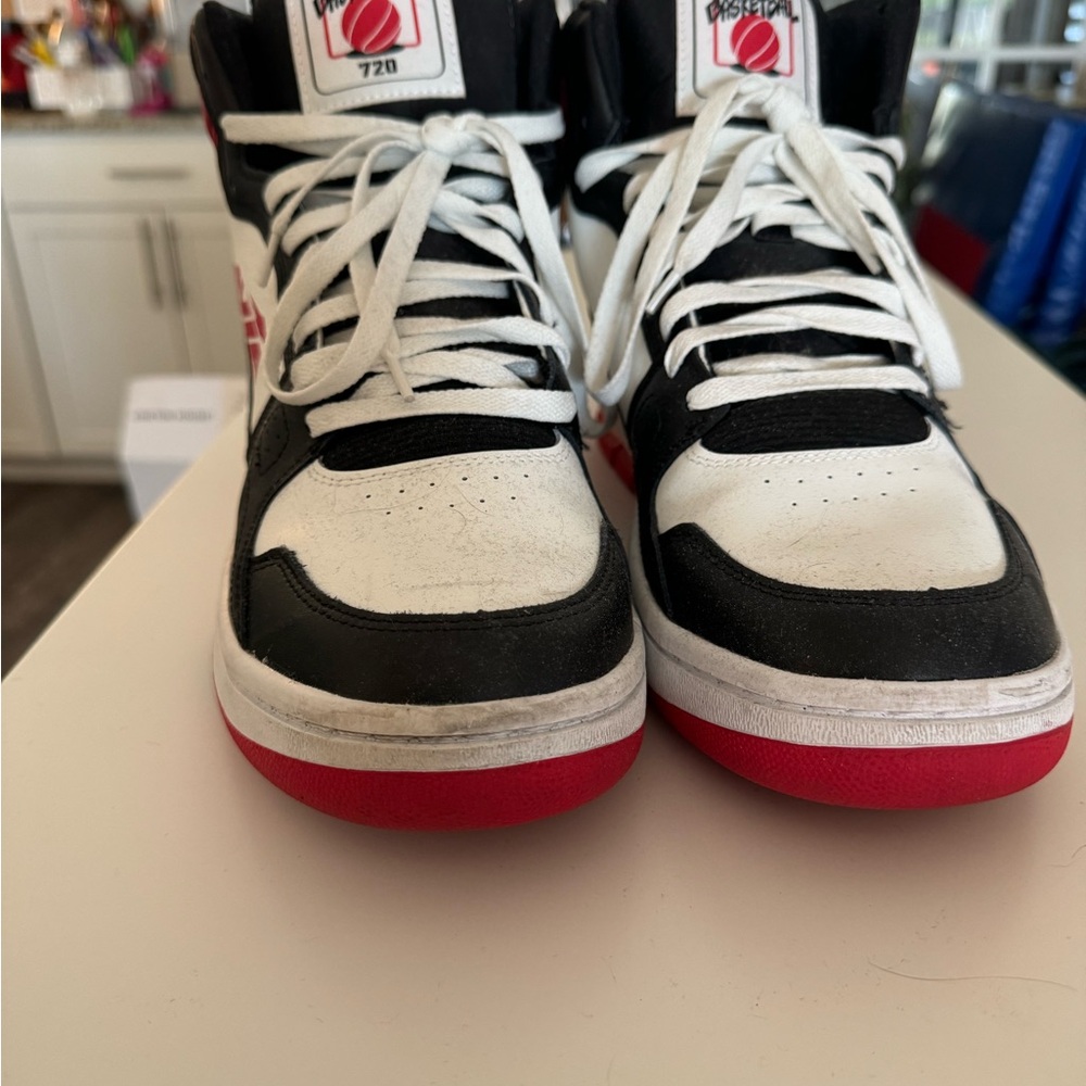 Black and White High-Top Sneakers with Red Soles